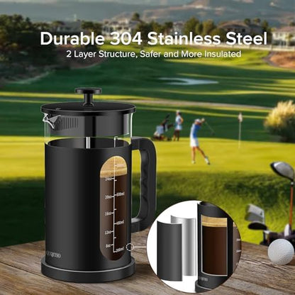 QUQIYSO French Press 34oz, Stainless Steel & Thickened Glass Coffee Press