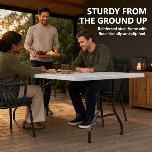 Folding Table, 6FT Portable Fold-in-Half Plastic Picnic Table, Heavy Duty Foldable Table with Carrying Handle, Ideal for Party, Camping, Craft, Dining, Wedding, Outdoor and Indoor Use, White