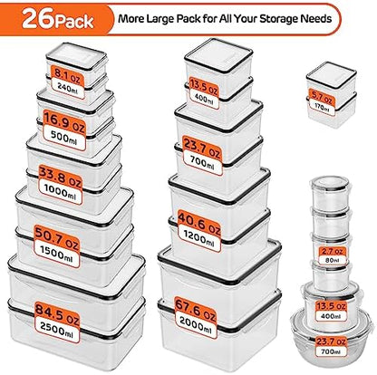 52 PCS Food Storage Container with Lid Airtight (26 Lids & 26 Containers)