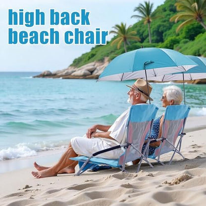 Folding Beach Chair with Umbrella for Adults, 2 Pack Portable Low Beach Chairs with 300lbs Capacity, Lightweight Fodable Camping Chair for Travel, Picnic, Concert & Outdoor Activities, Blue-Pink