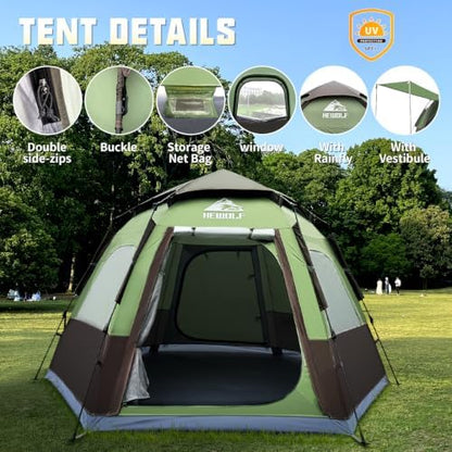 Hewolf 2/3/4 Person Camping Tent - Instant Pop Up Waterproof 2 Doors Tent with Easy Setup | 3-Season Hexagonal Dome Design for Family, Hiking & Traveling