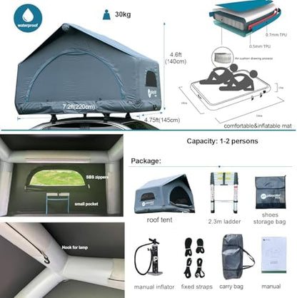 2 Person Inflatable Car Roof Top Tents with Pump and Awning,4 Season Waterproof and Sun Resitant Camping Dome Roof Top Tent Camping Tent for SUV, Truck and Universal Car,Easy Setup