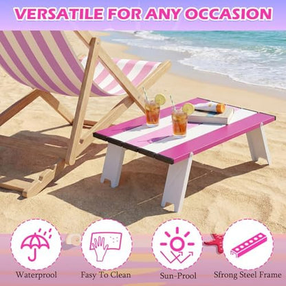CroBlissful Beach Table Folding Camping Portable Table Striped White Aluminum Side with Carry Bag for Summer Camping Picnics and Outdoor Activities(16x11x5 in,Pink)