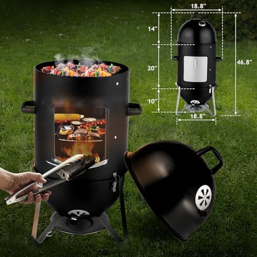 VINGLI 4-Tier 3-in-1 Vertical Charcoal Grill, 18.8 Charcoal Smoker with Built-in Thermometer, Air Vent and Access Doors, Perfect for Outdoor Cookings, Camping, Picnics, BBQs, and Tailgating Parties