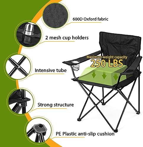 HaSteeL Folding Camping Chair Set of 3, Foldable Black Camp Chairs & Grey Table, Large Lawn Chair Portable for Adults Hiking, Fishing, Picnic, Outdoor BBQ, Travel, Sports, Cup Holders & Storage Bags