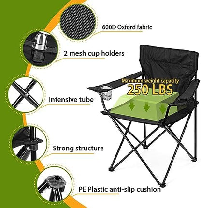 HaSteeL Folding Camping Chair Set of 3, Foldable Black Camp Chairs & Grey Table, Large Lawn Chair Portable for Adults Hiking, Fishing, Picnic, Outdoor BBQ, Travel, Sports, Cup Holders & Storage Bags