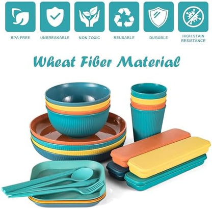 36PCS Wheat Straw Dinnerware Sets - Reusable Plates and Bowls Sets, Unbreakable Cups, Knives, Forks, Spoons & Chopstick, Microwave, Dishwasher Safe Tableware Kitchen Outdoor Camping Presents