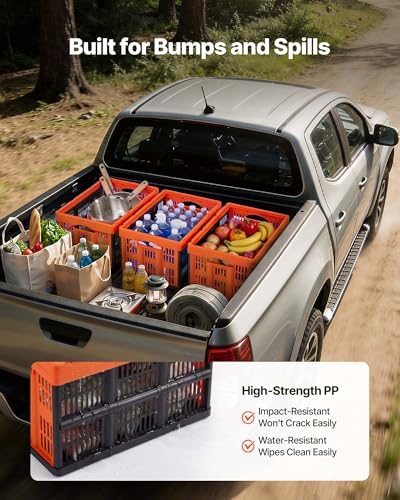VEVOR Plastic Collapsible Storage Bins, 45L 6 Packs, Stackable Folding Storage Crates with Handles, Holds 33 lbs Per Bin, Foldable Heavy Duty Containers, Space-Saving Baskets, for Home Organizing