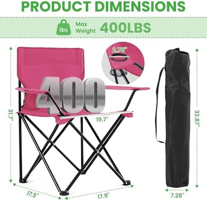 2 Pack Portable Camping Chairs Folding Lawn Chair Outdoor Lightweight Beach Chair with Cup Holder & Carry Bag for Outside Sports, Fishing, Hiking, Travel, Picnic, Backyard (Pink, Medium)