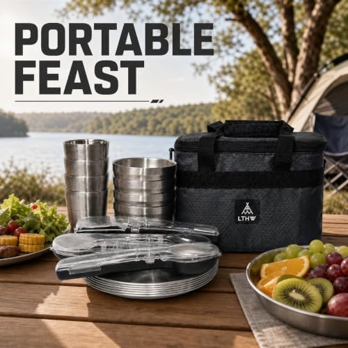 Camping Dinnerware Set, 4 Person Camping Mess Kit, Portable Outdoor Cookware Set, Complete Camping Dishes