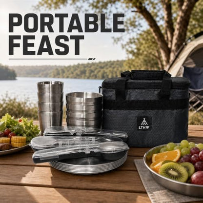 Camping Dinnerware Set, 4 Person Camping Mess Kit, Portable Outdoor Cookware Set, Complete Camping Dishes