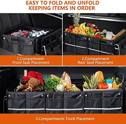AOPHY Car Trunk Organizer with Insulated Cooler Bag, Foldable & Waterproof Storage Organizer with Lid for SUV, Truck, Sedan - 4 Large Adjustable Compartments, Heavy Duty & Collapsible Design