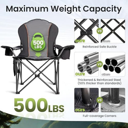 Folding Camping Chairs for Adults - High Back Padded Outdoor Lawn Chairs with Lumbar Support & Cup Holder, 500lbs Heavy Duty Portable Camping Chairs Set (Black & Gray, 1 PCS)
