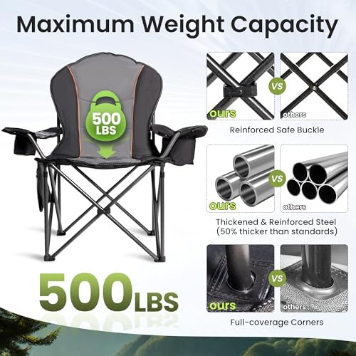 2 Pack Folding Camping Chairs for Adults - High Back Padded Outdoor Lawn Chairs with Lumbar Support & Cup Holder, 500lbs Heavy Duty Portable Camping Chairs Set (Black & Gray, 2 PCS)