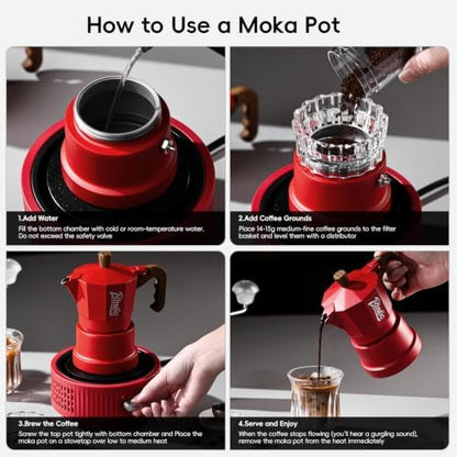 Bincoo Three-valve Espresso Maker Stovetop,2 Cups Camping Moka Pot Espresso Italian Coffee Maker,Rich Crema,Easy to Use (Red)