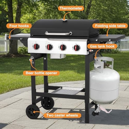 4 Burner Propane Gas Grill, Portable BBQ Grill with Cast Iron Grate & Griddle Pan, Folding Side Table for Camping Backyard, 40000 BTU Easy-Clean Outdoor Cooking