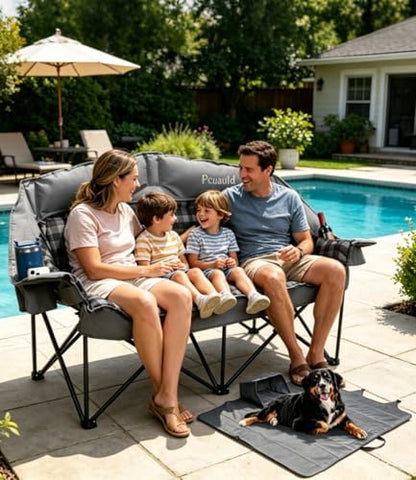 Padded Double Camping Chair Loveseat Oversized Camping Couch, Gray