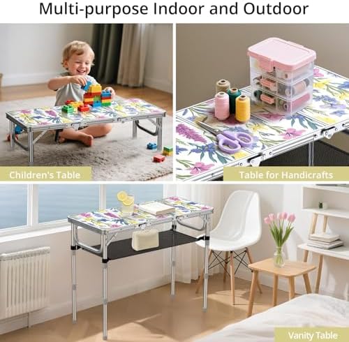 Anbte 3ft Folding Camping Table, 3 Adjustable Height Max 27.5",Floral Bloom
