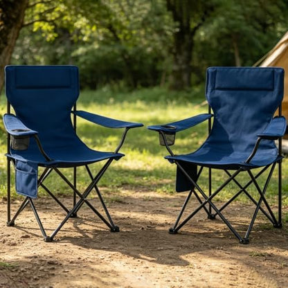SUNW 2 Pack Folding Camping Chair, 300lbs Steel Frame Outdoor Chair with Cup Holder & Side Pocket for Camping Hiking Picnic Beach, Blue