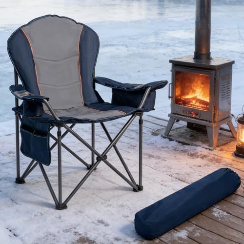 Folding Camping Chairs for Adults - High Back Padded Outdoor Lawn Chairs with Lumbar Support & Cup Holder, 500lbs Heavy Duty Portable Camping Chairs Set (Blue & Gray, 1 PCS)
