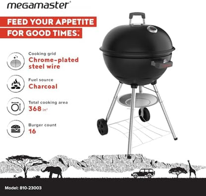 Megamaster 22" Deluxe Charcoal Grill, Portable with Adjustable Air Vent
