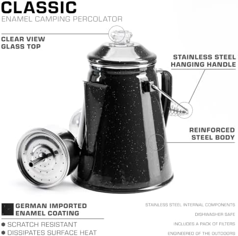 COLETTI Classic Percolator Coffee Pot — The Most Nostalgic Camping Coffee Pot, Now Modernized [Black Enamel, 12 Cup]