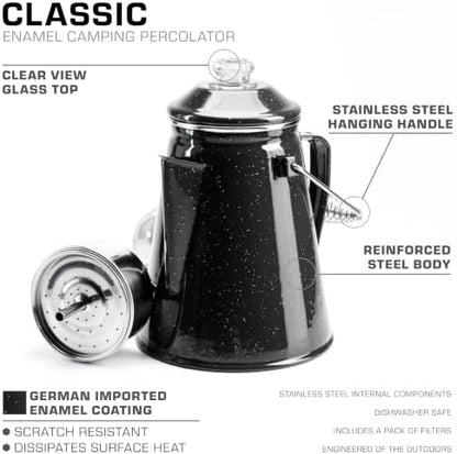 COLETTI Classic Percolator Coffee Pot — The Most Nostalgic Camping Coffee Pot, Now Modernized [Black Enamel, 12 Cup]