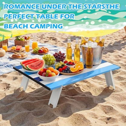 CroBlissful Beach Table Folding Camping Portable Table Striped White Aluminum Side with Carry Bag for Summer Camping Picnics and Outdoor Activities(22x16x5 in,Navy Blue)