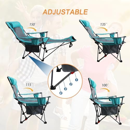 Reclining Camping Chair with Removable Footrest Lounge Chair with Headrest, Cotton Cushion, Portable Adjustable Folding Chairs