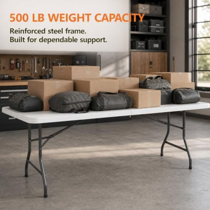 Folding Table, 5FT Portable Fold-in-Half Plastic Picnic Table, Heavy Duty Foldable Table with Carrying Handle, Ideal for Party, Camping, Craft, Dining, Wedding, Outdoor and Indoor Use