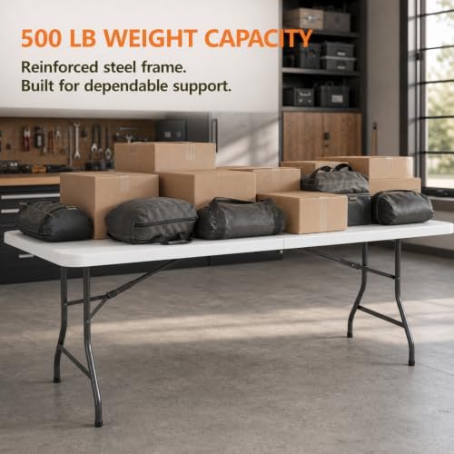 Folding Table, 6FT Portable Fold-in-Half Plastic Picnic Table, Heavy Duty Foldable Table with Carrying Handle, Ideal for Party, Camping, Craft, Dining, Wedding, Outdoor and Indoor Use, 2 Pack