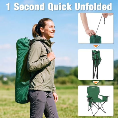 Camping Chairs for Adults, 2 Pack Heavy Duty Folding Chair with 4-Can Cooler Bag, Portable Outdoor Chair with Cup Holder, Collapsible for Tailgating, Beach, Fishing, Green