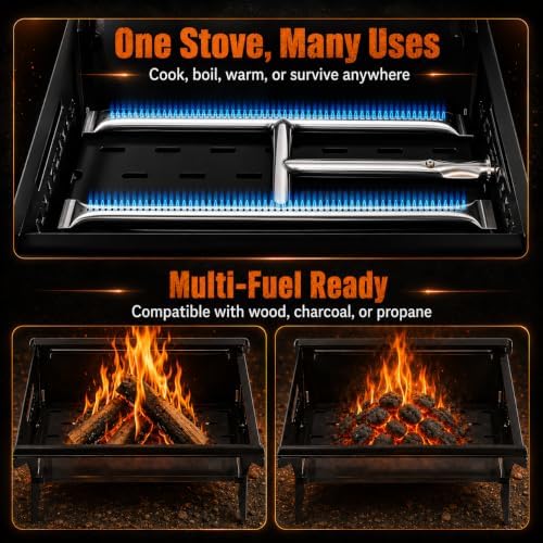 3-in-1 Portable Camping Grill, Foldable Charcoal Wood Gas BBQ