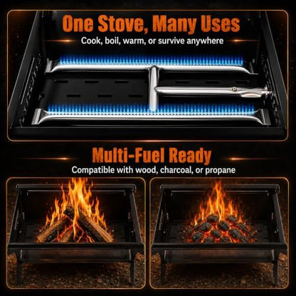 3-in-1 Portable Camping Grill, Foldable Charcoal Wood Gas BBQ