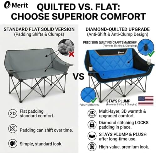EMERIT Oversized Fully Padded Camping Chair, Heavy Duty 650LB Folding Camping Loveseat, Quad Fold Double Camping Couch with Cup Holders & Carry Bag for Outdoor, Lawn, Sports Events Blue