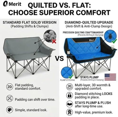 EMERIT Oversized Fully Padded Camping Chair, Heavy Duty 650LB Folding Camping Loveseat, Quad Fold Double Camping Couch with Cup Holders & Carry Bag for Outdoor, Lawn, Sports Events Blue