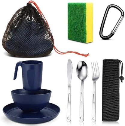 Scout Camping Mess Kit for Person Boy Scout Dishes Set Girl Scout Mess Kit with Mesh Bag Reusable Light Weight Eating Utensils Plastic Camping Cutlery Set for Travel Camp