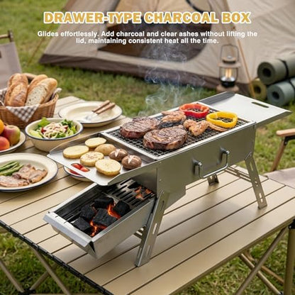Portable Tabletop Charcoal Grill, Foldable Stainless Steel Mini BBQ Grill with Carry Bag, Lightweight Small Camping Picnic Travel Tailgating Patio Grill