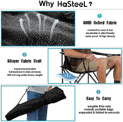 HaSteeL Large Camping Chairs for Adults, Black Folding Beach Chair Set of 2