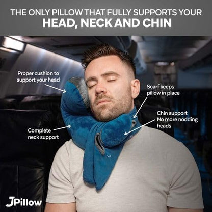 JPillow Travel Pillow for Airplanes – A Little Bulky, Expensive, and Takes a Couple of Minutes to Master, but Supports Your Head and Neck in Genuine Luxury – British Invention of The Year (Blue/Gray)