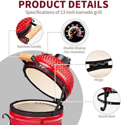 Outvita 13" Round Kamado Charcoal Grill, Portable, Red