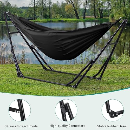 Ainfox Hammock with Foldable Stand, 2 in 1 Hammock and Swinging Chair with Carrying Bag, Portable Camping Chair Suitable for Outside, Swing,Patio,Garden,Camping Trip Black