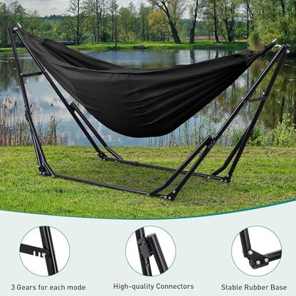 Ainfox Hammock with Foldable Stand, 2 in 1 Hammock and Swinging Chair with Carrying Bag, Portable Camping Chair Suitable for Outside, Swing,Patio,Garden,Camping Trip Black