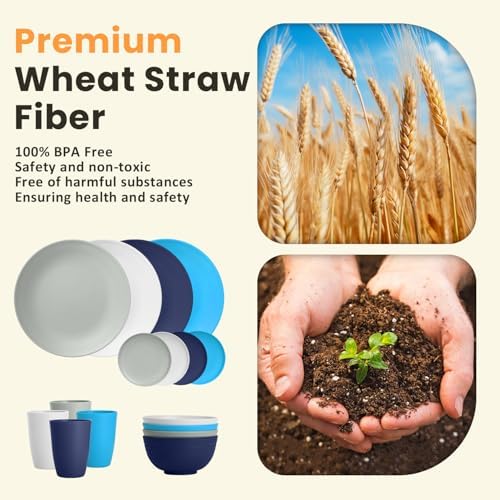 Homienly Premium Wheat Straw Dinnerware Sets, Plates and Bowls Sets,Cups,Alternative to Plastic Plates Service for 4, Dishwasher and Microwave Safe 16 PCS Dish Sets for Home,Camping - Island