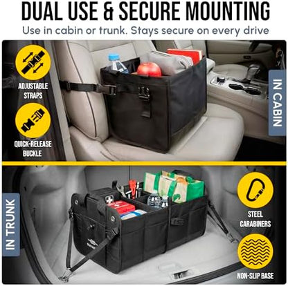 Large Car Trunk Organizer, Modular & Collapsible, 3 Compartment XL, Black