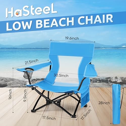 HaSteeL Low Beach Chairs, Folding Camping Lawn Chair for BBQ - Blue