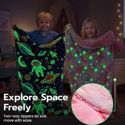 JOIEDOMI Toddler Sleeping Bag for Kids 66''x33'' Glow in The Dark Kids Sleeping Bag with Pillow for Boys and Girls Ages 3+ Soft Flannel Toddler Nap Mat for Preschool Daycare Sleepover