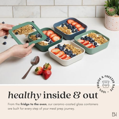 Glass Food Storage Container with Lid, 8-Cup Large Square | Microwave-Safe Airtight Lid, Oven-Safe Ceramic-Coated Glass | Zero Plastic, No PFAS/PFOA/BPA, Reusable [Pine]
