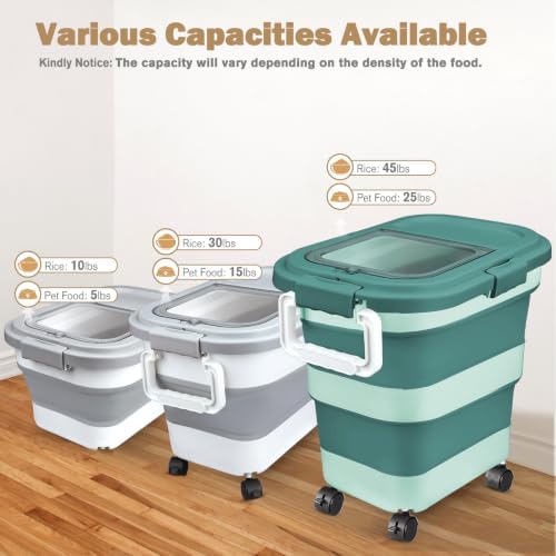 Komzon Rice Storage Container10-40 Lb, 25 Lb Pet Dog Food Storage Container, Collapsible Airtight Rice Storage Container, Rice Dispenser Bin with Cup and Scoop for Flour Cereal Pasta Grain, Cat Bird