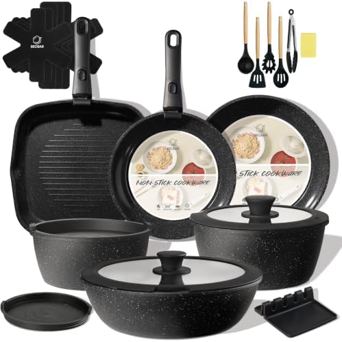 BECIGAR 24pcs Ceramic Pots and Pans Set, Nonstick Detachable Handle Cookware, Induction Kitchen Cooking Set with Removable Handle,include Frying Pans & Saucepans Oven Safe (Black)